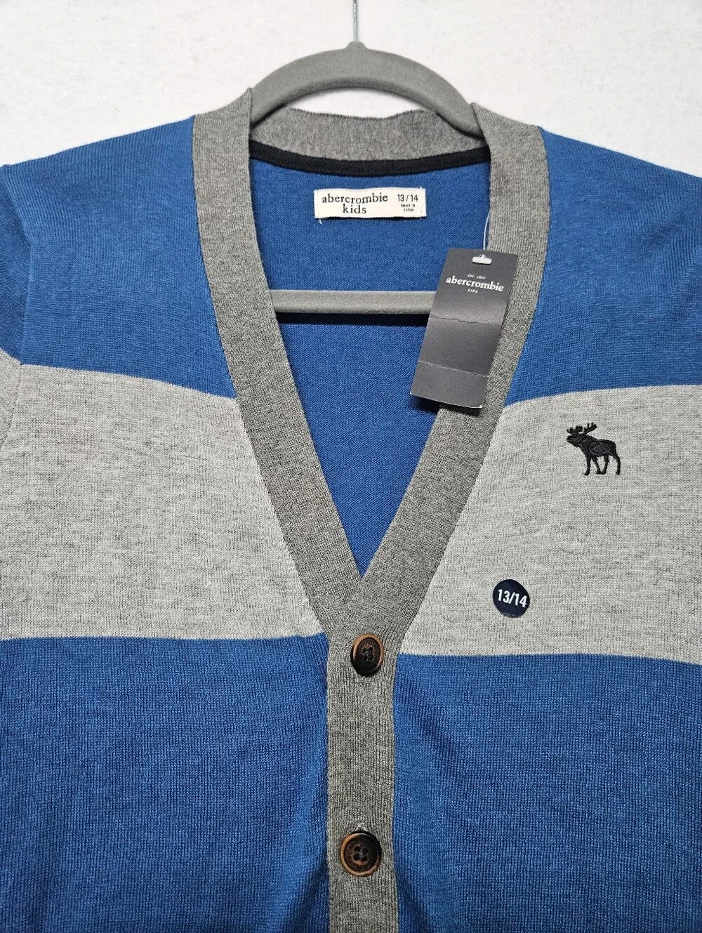 Abercrombie & Fitch Kids Blue Grey Color-block Cardigan 0Sweater Moose Logo NWT